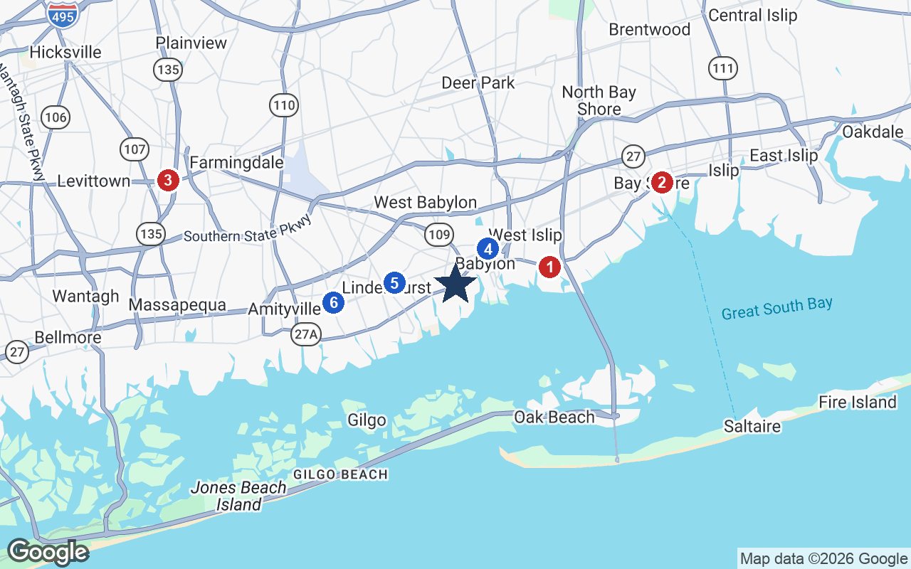 Area map of The Bristal at West Babylon with the nearest hospitals and LIRR stations