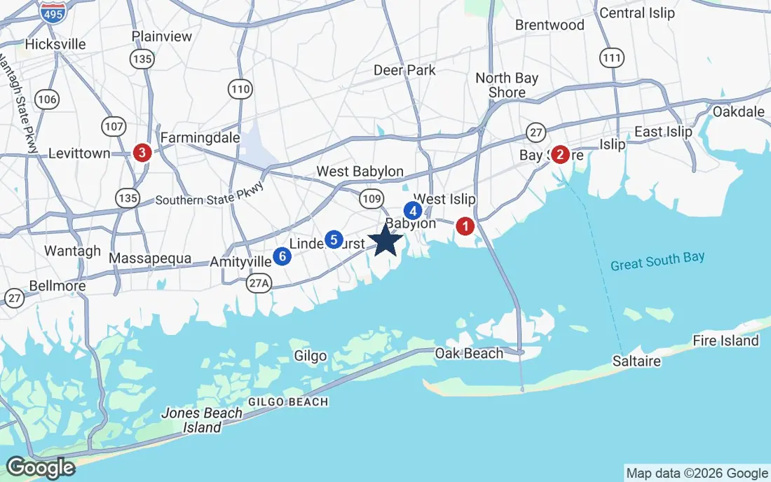Area map of The Bristal at West Babylon with the nearest hospitals and LIRR stations