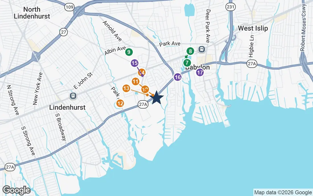 Close-up map of The Bristal at West Babylon with nearby parks, shops, pharmacies and places of worship