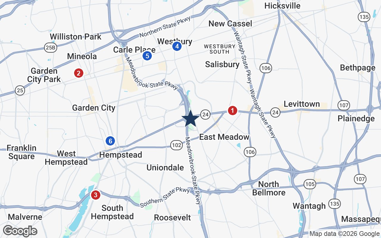 Area map of The Bristal East Meadow with the nearest hospitals and LIRR stations