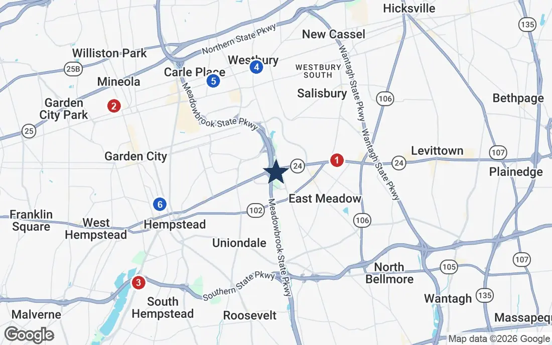 Area map of The Bristal East Meadow with the nearest hospitals and LIRR stations