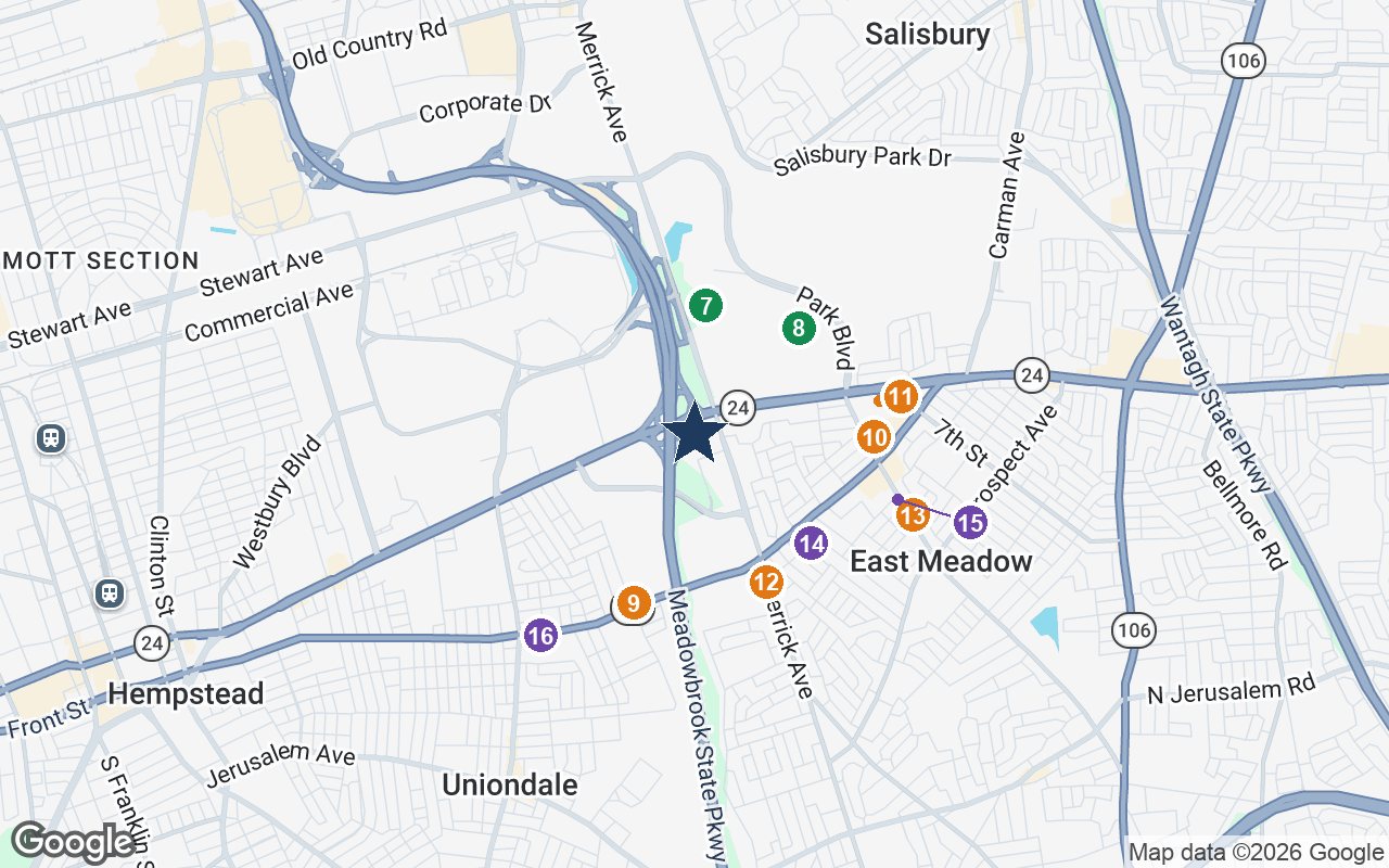 Close-up map of The Bristal East Meadow with nearby parks, shops, pharmacies and places of worship