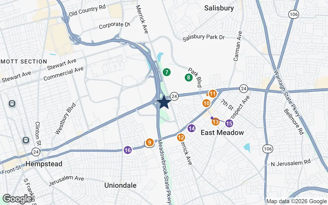 Close-up map of The Bristal East Meadow with nearby parks, shops, pharmacies and places of worship