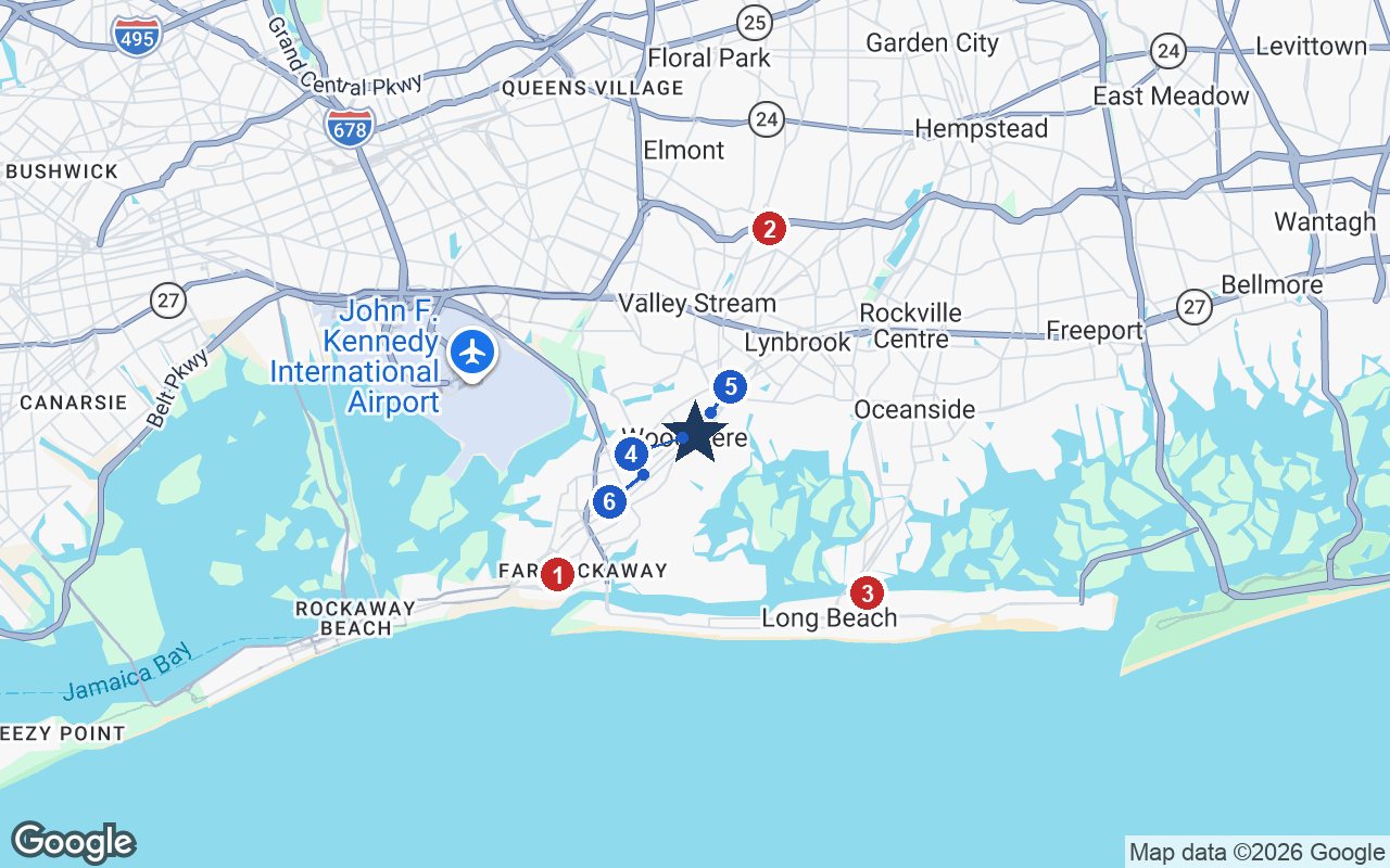 Area map of The Esplanade of Woodmere with the nearest hospitals and LIRR stations