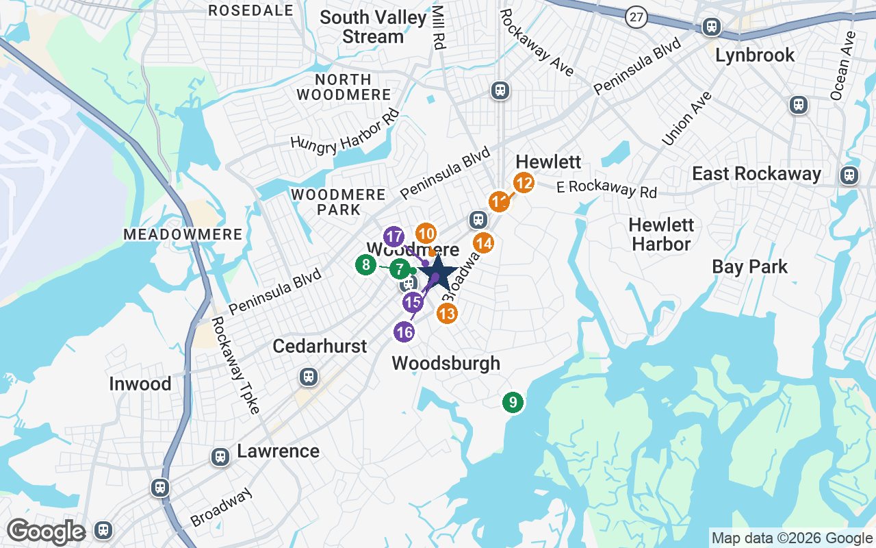 Close-up map of The Esplanade of Woodmere with nearby parks, shops, pharmacies and places of worship