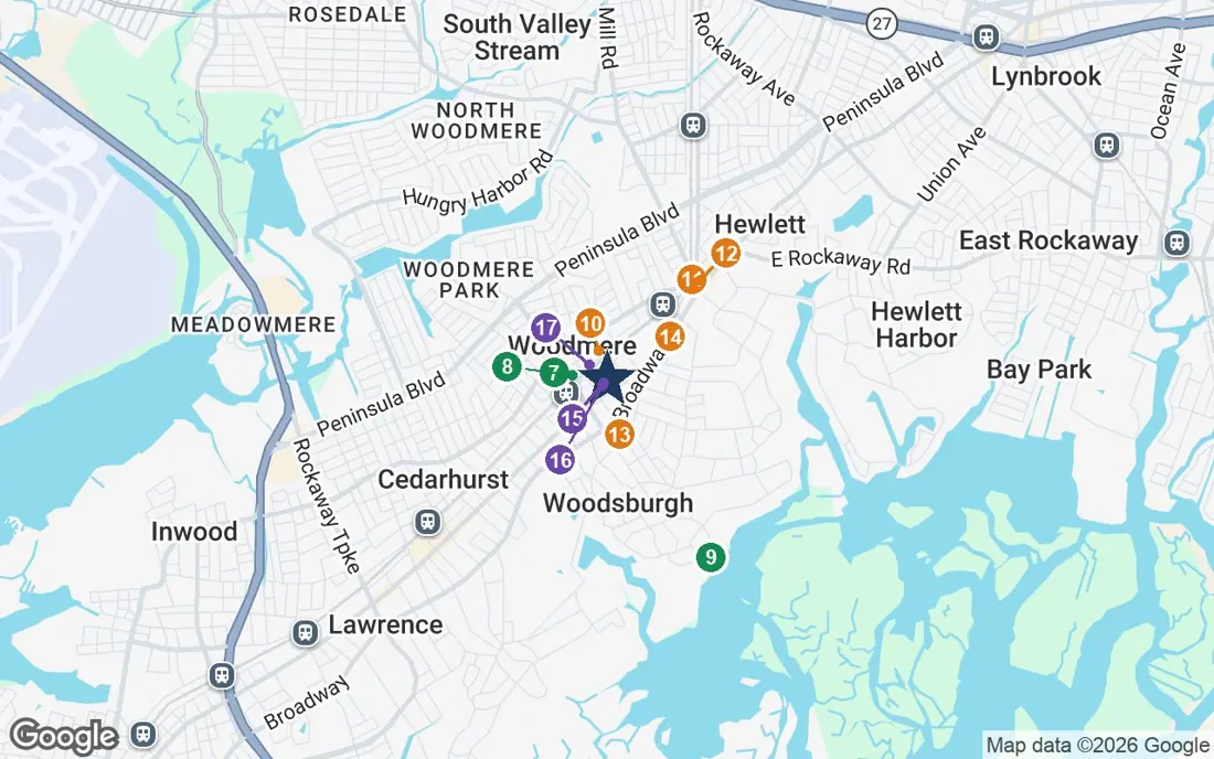 Close-up map of The Esplanade of Woodmere with nearby parks, shops, pharmacies and places of worship