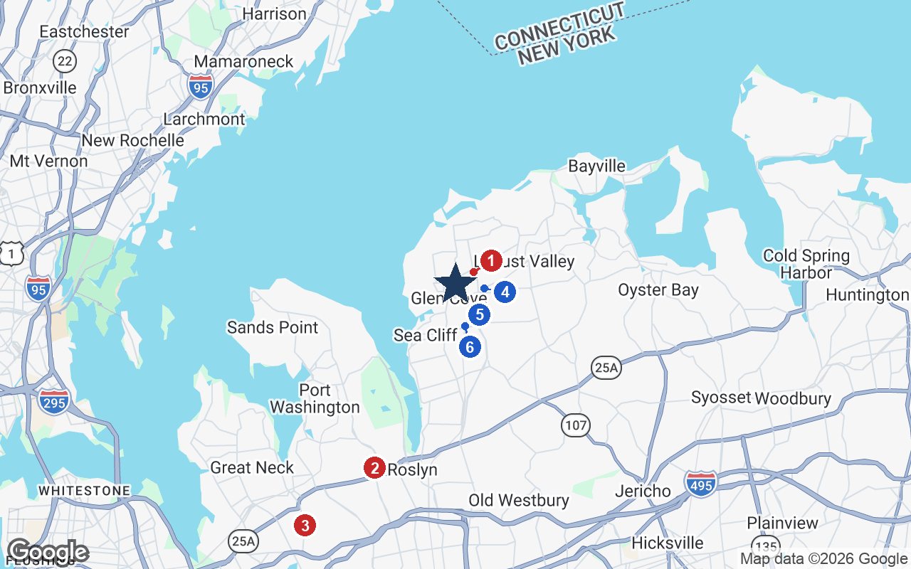 Area map of The Regency at Glen Cove with the nearest hospitals and LIRR stations