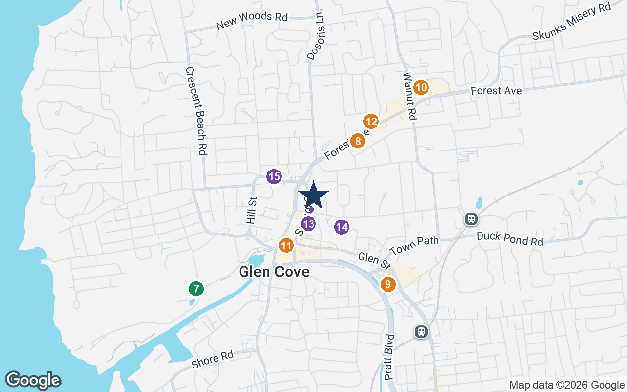 Close-up map of The Regency at Glen Cove with nearby parks, shops, pharmacies and places of worship