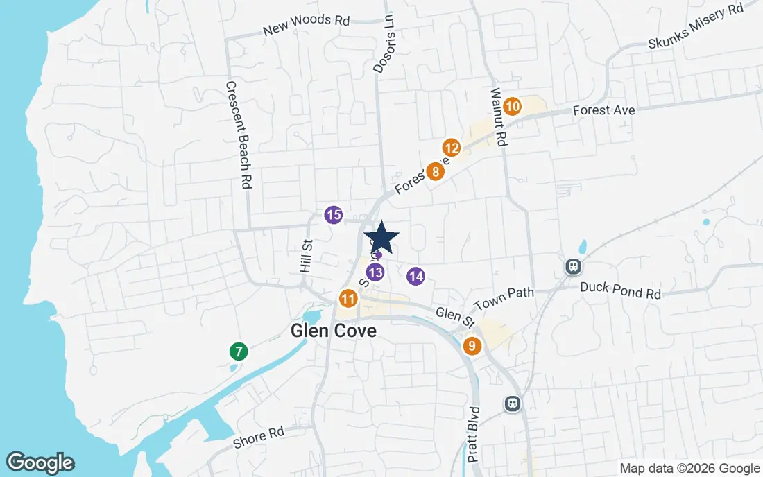 Close-up map of The Regency at Glen Cove with nearby parks, shops, pharmacies and places of worship