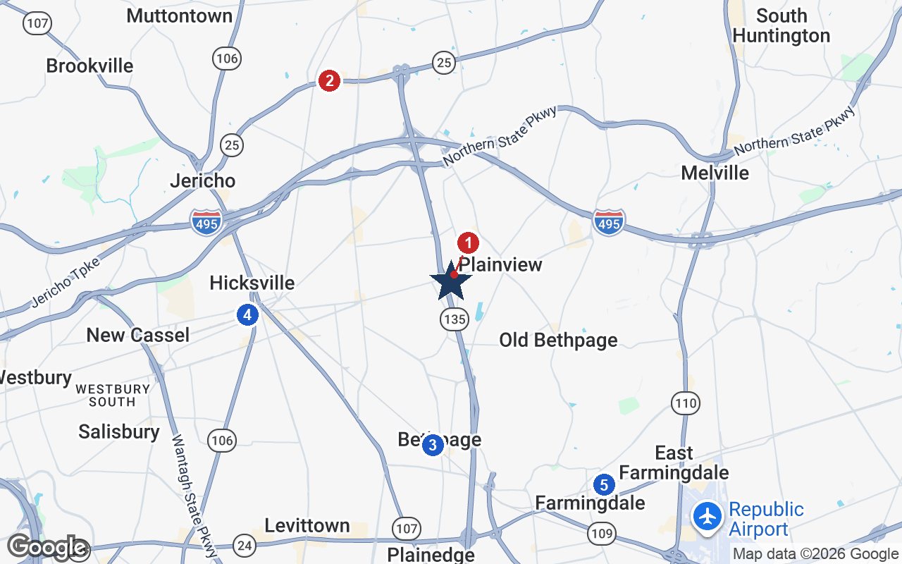 Area map of The Residences at Plainview with the nearest hospitals and LIRR stations