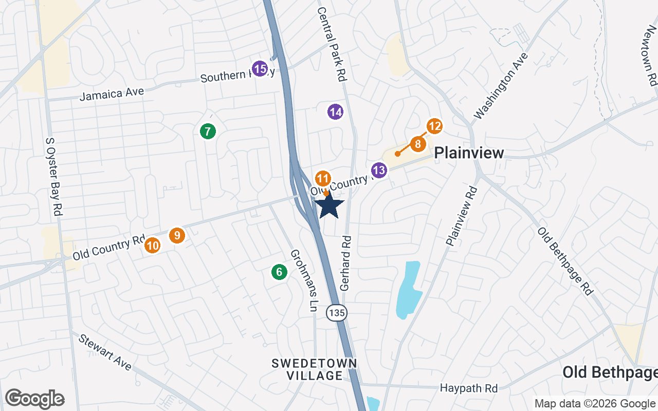 Close-up map of The Residences at Plainview with nearby parks, shops, pharmacies and places of worship