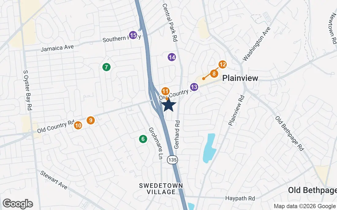 Close-up map of The Residences at Plainview with nearby parks, shops, pharmacies and places of worship