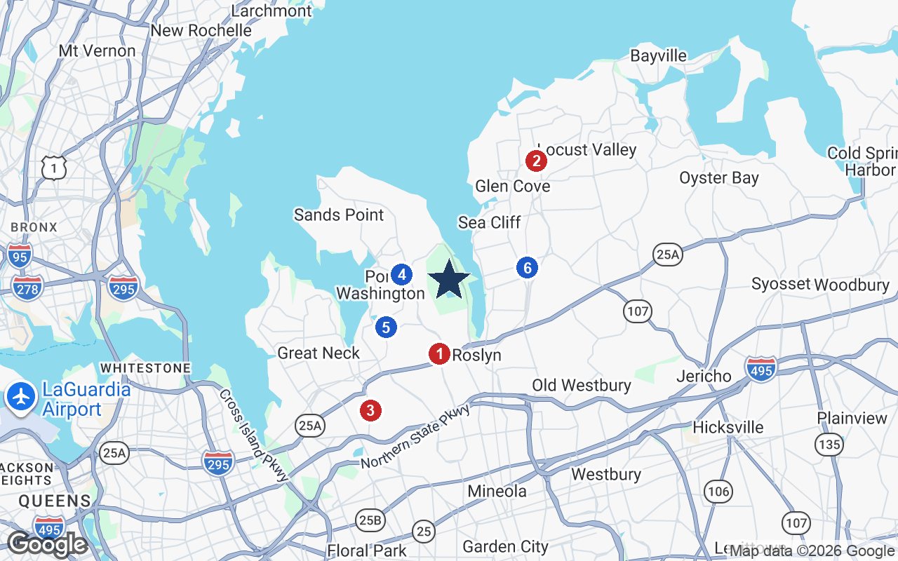 Area map of The Sinclair of Port Washington with the nearest hospitals and LIRR stations