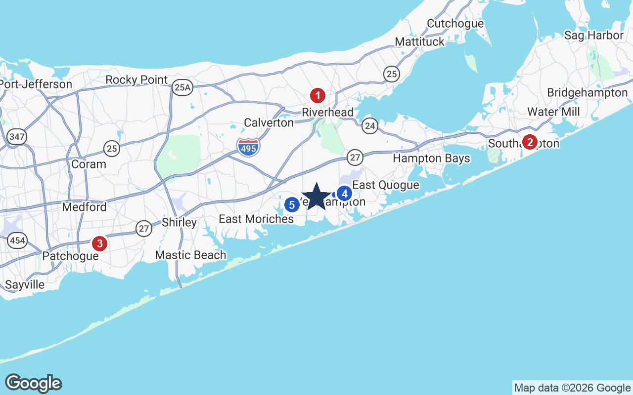 Area map of The Villa at Westhampton with the nearest hospitals and LIRR stations