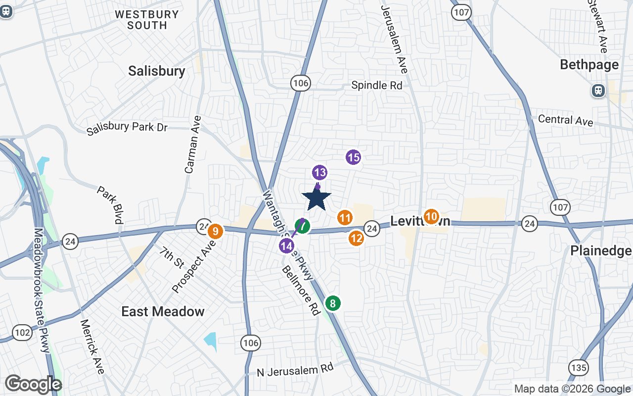 Close-up map of Village Green Assisted Living with nearby parks, shops, pharmacies and places of worship